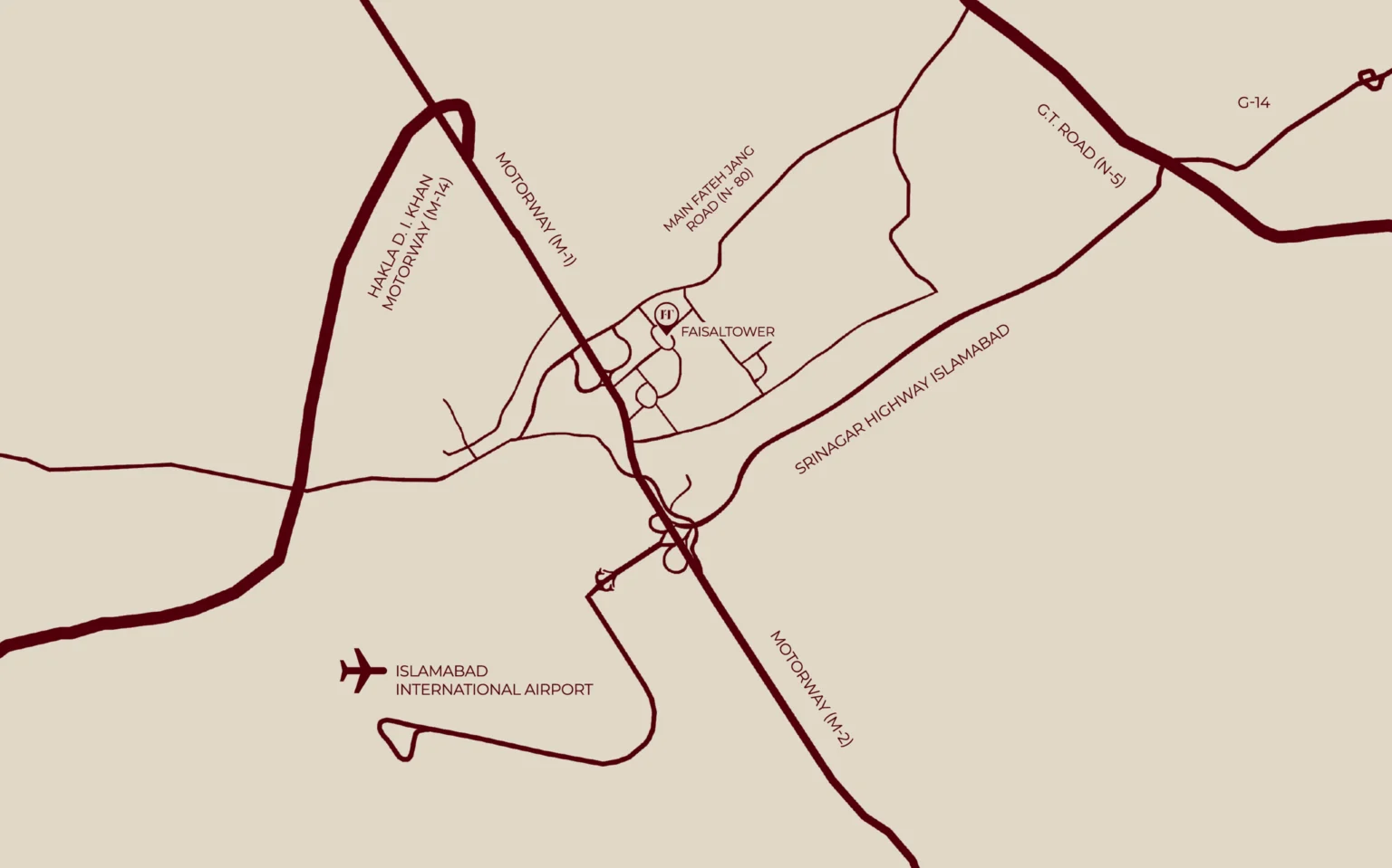 Map showing Faisal Tower and Faisals Town projects